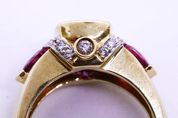 COLORFUL 14 KT GOLD RING WITH 3.96 Cts DIAMONDS, AMETHYST & TOURMALINE