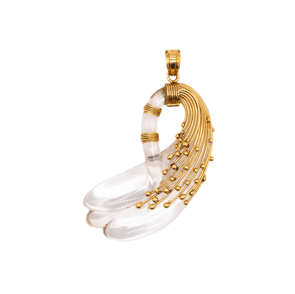 Sculptural Abstraction Of Swan Pendant In 18Kt Yellow Gold With Carved Rock Crystal
