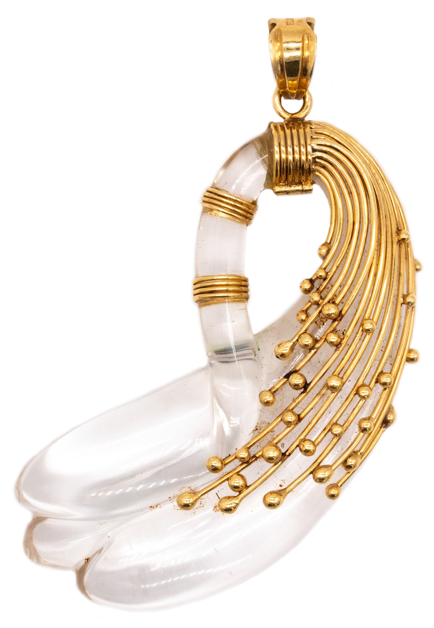 Sculptural Abstraction Of Swan Pendant In 18Kt Yellow Gold With Carved Rock Crystal