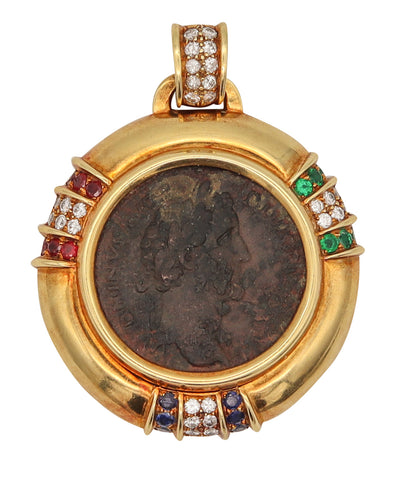 Ancient Roman Coin Pendant In 18Kt Gold With 3.97 Ctw In Diamonds Rubies Sapphires And Emeralds