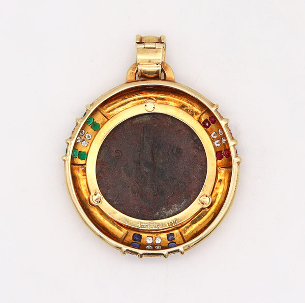Ancient Roman Coin Pendant In 18Kt Gold With 3.97 Ctw In Diamonds Rubies Sapphires And Emeralds