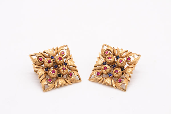 Italian Florentine Renaissance Clips Earrings In 18Kt Yellow Gold With Rubies And Sapphires
