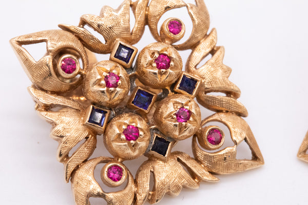 Italian Florentine Renaissance Clips Earrings In 18Kt Yellow Gold With Rubies And Sapphires