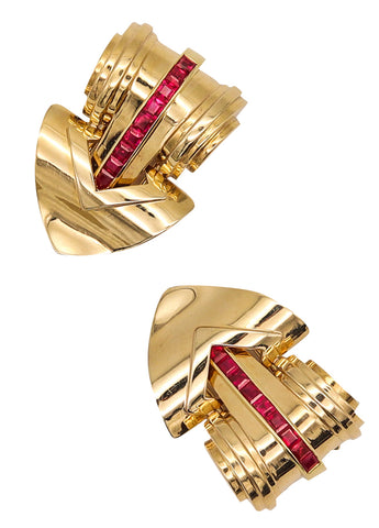 Tiffany And Co. 1940 Art Deco Retro Dress Clips In 14Kt Yellow Gold With 2.70 Cts Rubies