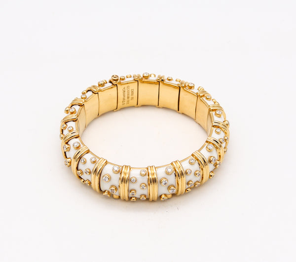 *Tiffany & Co. France Schlumberger White enamel Bangle Bracelet in 18 kt Gold with 5.94 Ctw Diamonds
