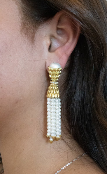 CASSIS PEARLS AND DIAMONDS 18 KT YELLOW GOLD TASSEL EARRINGS