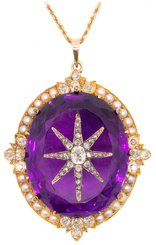 *Victorian 1870 Extraordinary Star motif pendant with 97.02 Ctw inlaid diamonds amethyst & pearls