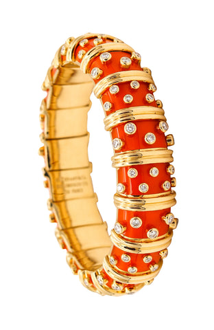 Tiffany & Co. France Schlumberger Orange Enamel Bangle Bracelet In 18Kt Gold With 5.96 Ctw Diamonds