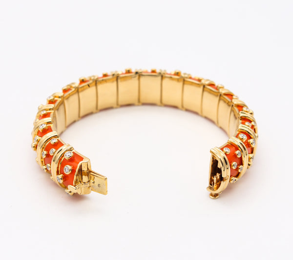 Tiffany & Co. France Schlumberger Orange Enamel Bangle Bracelet In 18Kt Gold With 5.96 Ctw Diamonds