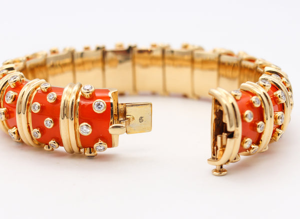 Tiffany & Co. France Schlumberger Orange Enamel Bangle Bracelet In 18Kt Gold With 5.96 Ctw Diamonds