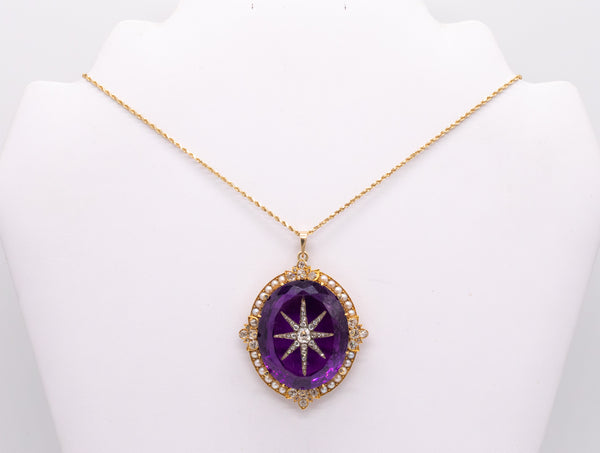 *Victorian 1870 Extraordinary Star motif pendant with 97.02 Ctw inlaid diamonds amethyst & pearls