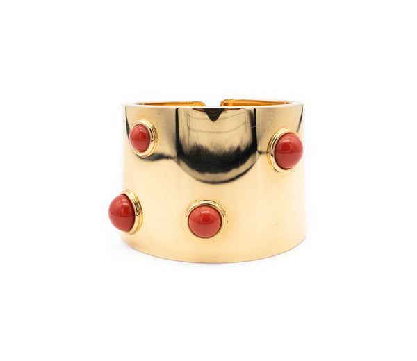 FRED JOAILLIER, PARIS 18 KT GOLD MASSIVE MODERN ARM CUFF WITH FOUR RED CORAL