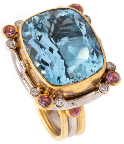 AGNIESZKA WINOGRAD 22 KT RING WITH 18.08 Ctw IN AQUAMARINES SAPPHIRE & DIAMONDS