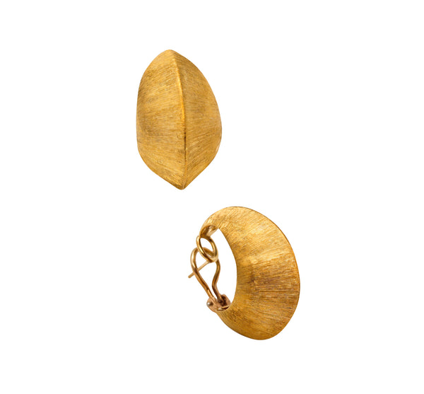 Florentine Italy 1960 Navette Hoop Earrings In Textured Solid 18Kt Yellow Gold