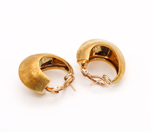 Florentine Italy 1960 Navette Hoop Earrings In Textured Solid 18Kt Yellow Gold