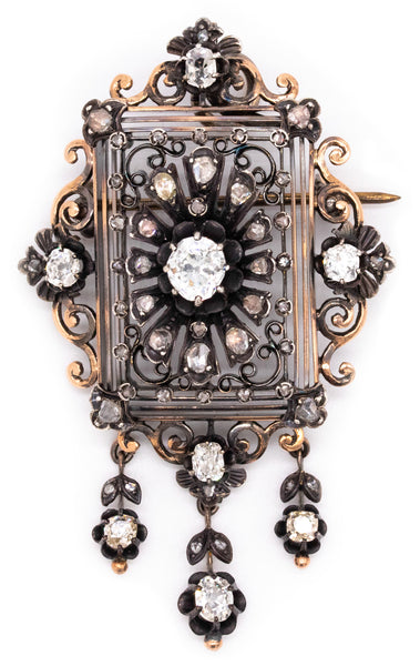 Georgian Victorian 1840 Pendant Brooch In 18Kt Gold With 4.58 Cts In Rose Cut Diamonds