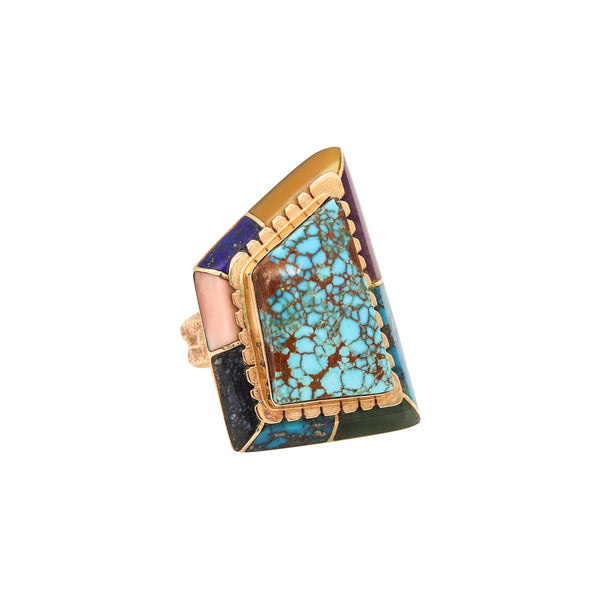 Andrew Alvarez Apache Native American Geometric Ring In 14Kt Gold With Inlaid Gemstones