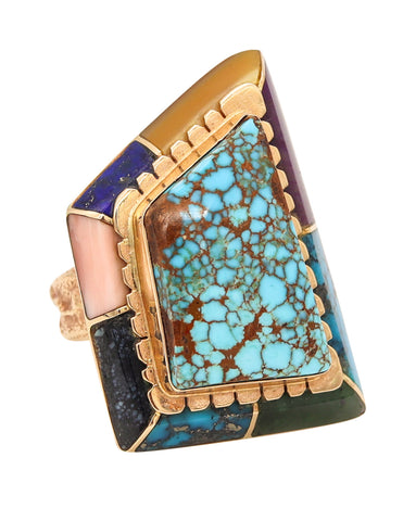 Andrew Alvarez Apache Native American Geometric Ring In 14Kt Gold With Inlaid Gemstones