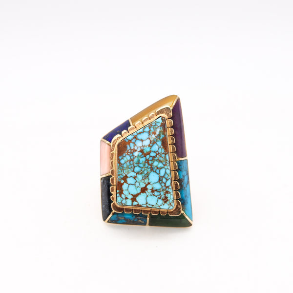 Andrew Alvarez Apache Native American Geometric Ring In 14Kt Gold With Inlaid Gemstones