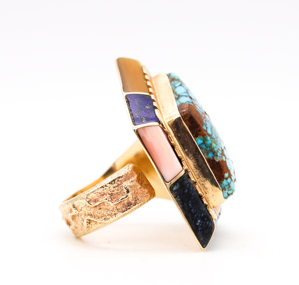 Andrew Alvarez Apache Native American Geometric Ring In 14Kt Gold With Inlaid Gemstones