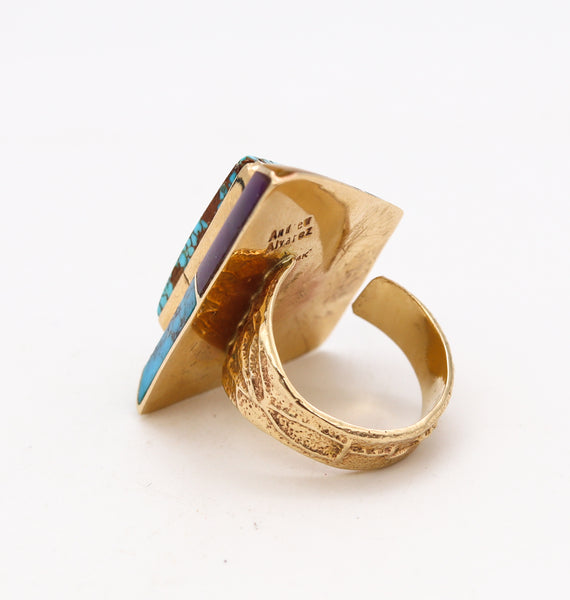 Andrew Alvarez Apache Native American Geometric Ring In 14Kt Gold With Inlaid Gemstones