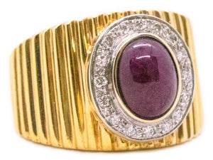 MID CENTURY 14 KT RING WITH 4.07 Cts RUBY CABOCHON AND DIAMONDS