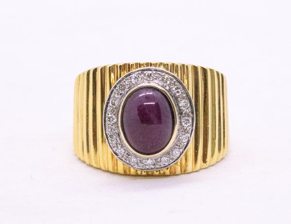 MID CENTURY 14 KT RING WITH 4.07 Cts RUBY CABOCHON AND DIAMONDS