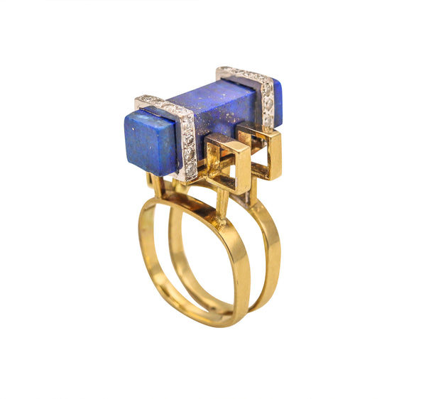 Jack Gutschneider 1960 Geometric Ring In 14Kt Gold With VS Diamonds And Lapis Lazuli