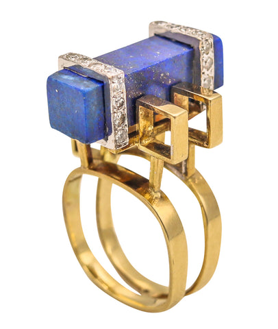Jack Gutschneider 1960 Geometric Ring In 14Kt Gold With VS Diamonds And Lapis Lazuli