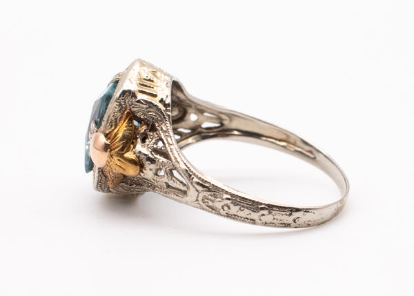 ART DECO 1930 RING IN 14 KARATS OF THREE GOLD COLORS WITH 3 Cts OF BLUE SPINEL