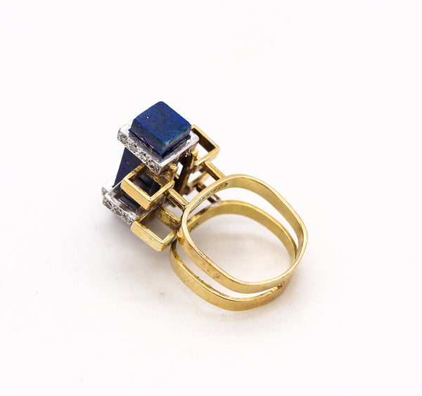 Jack Gutschneider 1960 Geometric Ring In 14Kt Gold With VS Diamonds And Lapis Lazuli