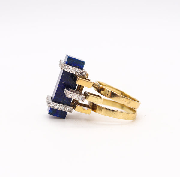 Jack Gutschneider 1960 Geometric Ring In 14Kt Gold With VS Diamonds And Lapis Lazuli