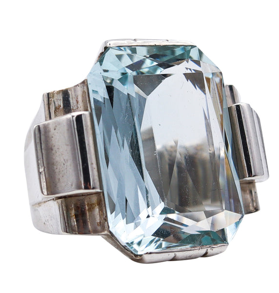 Rene Boivin 1935 Art Deco Geometric Ring In Sterling Silver With 27.66 Cts Aquamarine