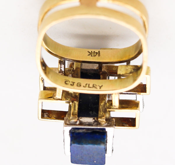 Jack Gutschneider 1960 Geometric Ring In 14Kt Gold With VS Diamonds And Lapis Lazuli