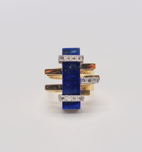 Jack Gutschneider 1960 Geometric Ring In 14Kt Gold With VS Diamonds And Lapis Lazuli