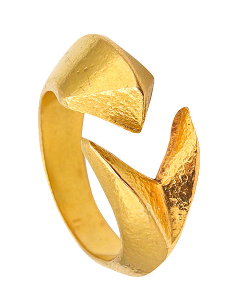 Lalaounis 1970 Geometric Open Work Paleolithic Ring In Battered 22Kt Yellow Gold