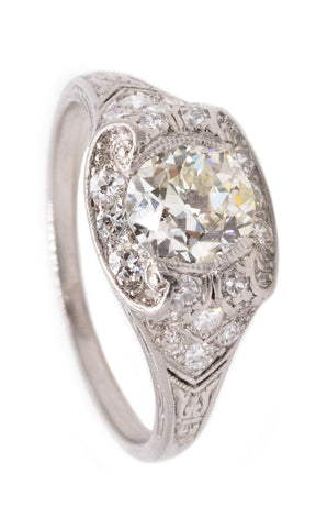 ART DECO ANTIQUE 1930'S PLATINUM ENGAGEMENT RING WITH 1.18 Ctw DIAMONDS