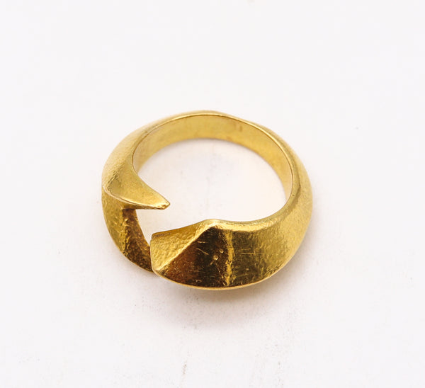 Lalaounis 1970 Geometric Open Work Paleolithic Ring In Battered 22Kt Yellow Gold