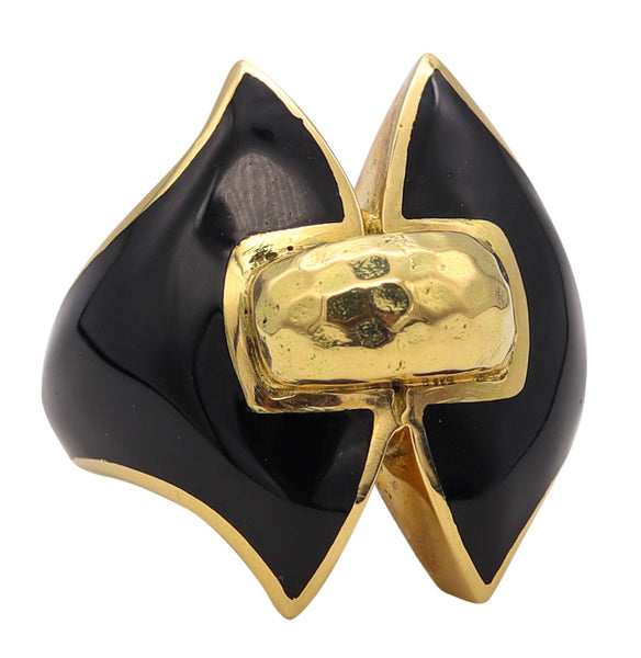 David Webb 1970 Vintage Cocktail Ring In 18 Kt Yellow Gold With Black Enamel