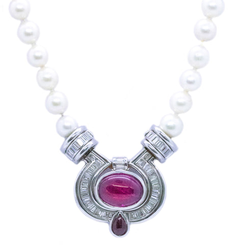 CARL BUCHERER 18 KT GOLD AKOYA PEARLS NECKLACE WITH 13.75 Cts DIAMONDS & PINK TOURMALINE