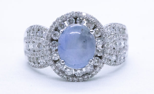CLASSICAL 18 KT RING WITH 4.95 Ctw DIAMONDS & STAR SAPPHIRE