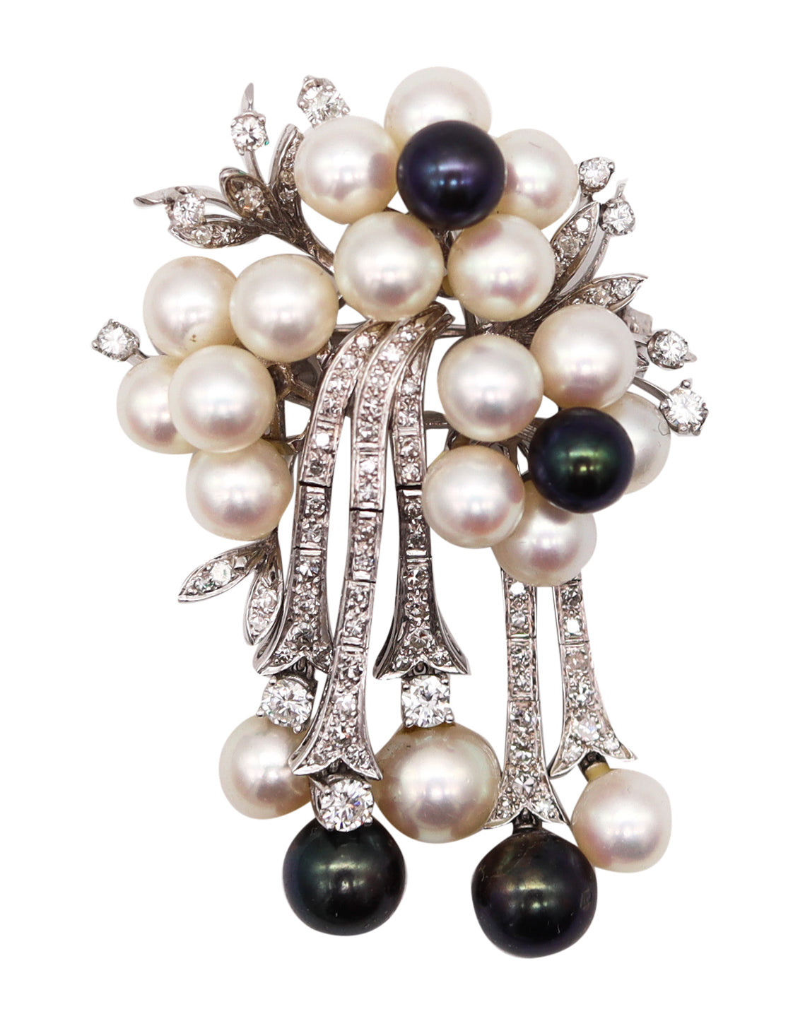 Retro Mid Century Gem Set Pearls Brooch In 18Kt Gold With 2.59 Cts Diamonds
