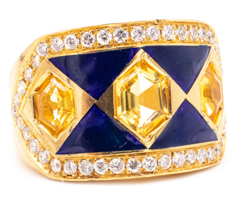 CLASSIC 18 KT ENAMELED RING WITH 4.92 Cts OF DIAMONDS AND CITRINES