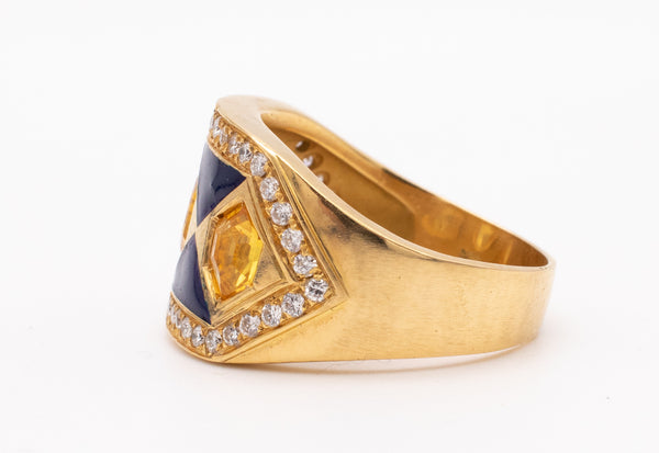 CLASSIC 18 KT ENAMELED RING WITH 4.92 Cts OF DIAMONDS AND CITRINES