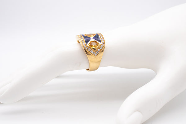 CLASSIC 18 KT ENAMELED RING WITH 4.92 Cts OF DIAMONDS AND CITRINES