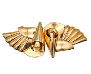 Art Deco Retro 1935 Convertible Double Clips Brooch In 14Kt Yellow Gold