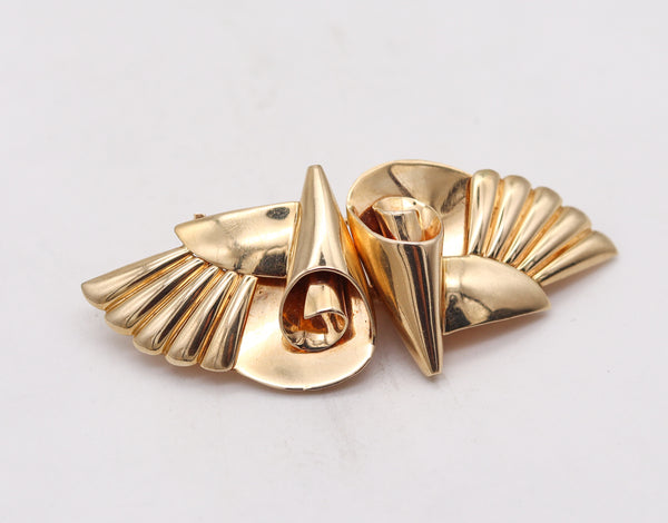 Art Deco Retro 1935 Convertible Double Clips Brooch In 14Kt Yellow Gold