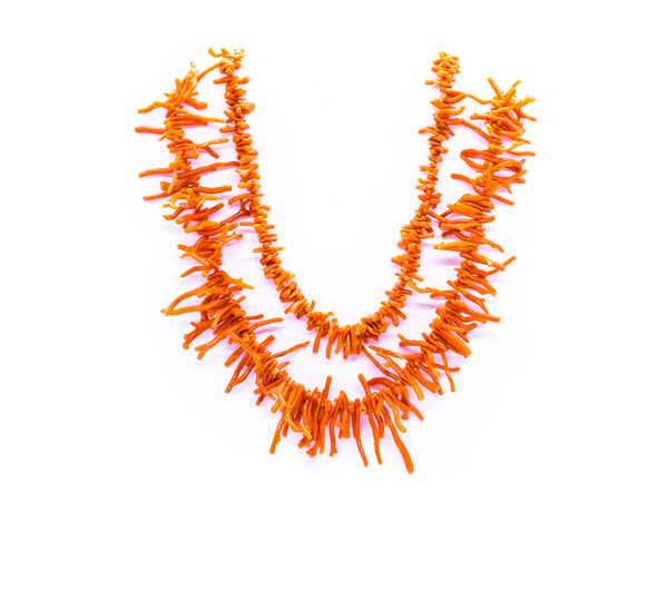 VINTAGE NATURAL RED CORAL ROOTS, DOUBLE STRAND 14 KT NECKLACE