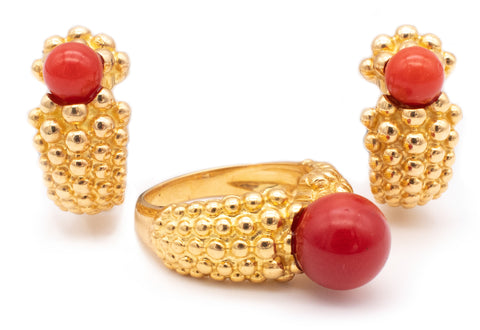 Fred of Paris 1970 Ring And Earring Suite In 18Kt Gold With 7 Cts Of Red Ox Blood Coral