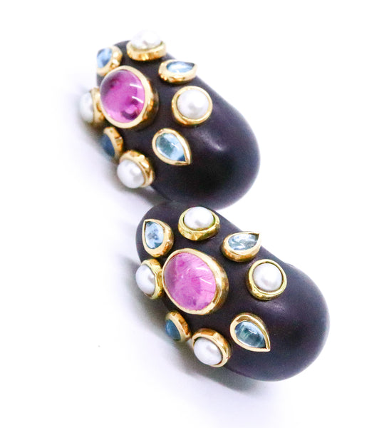 FREDERIC BEZIAT FOR L'OREE du BOIS EBONY CUFF & EARRING SET IN 18 KT GOLD WITH GEMSTONES